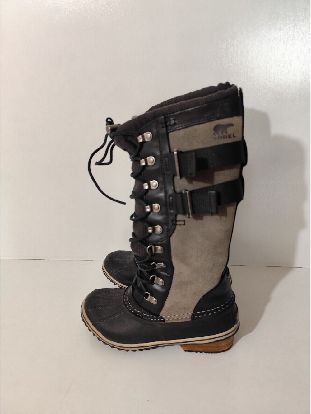 Sorel Conquest Carly II Black Leather Gray Suede Tall Riding Boots Women’s Sz 7